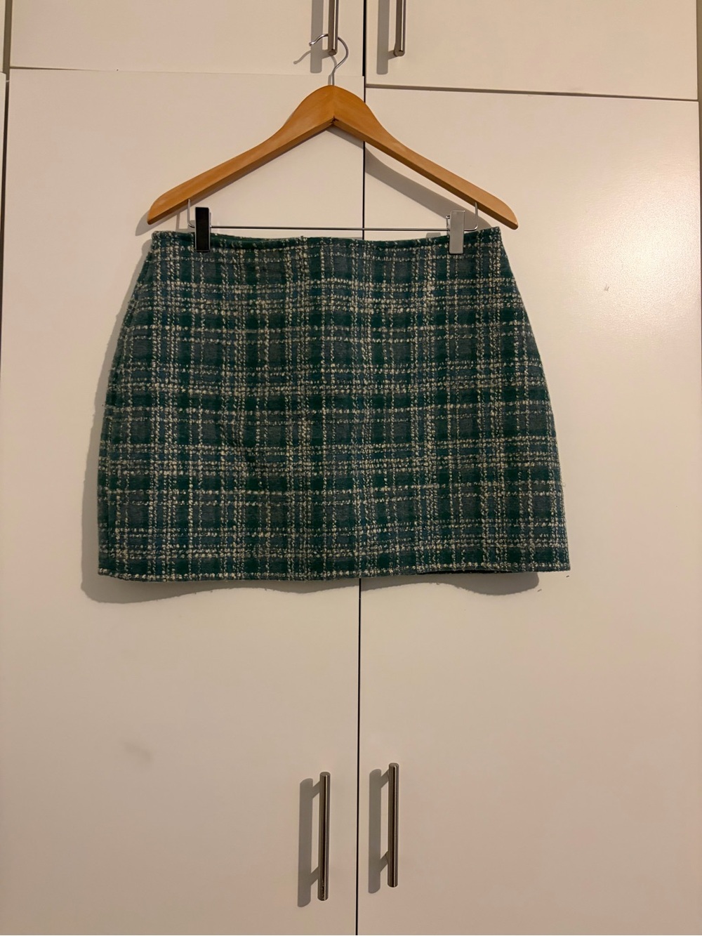 Reformation Green Plaid Tweed Mini Skirt